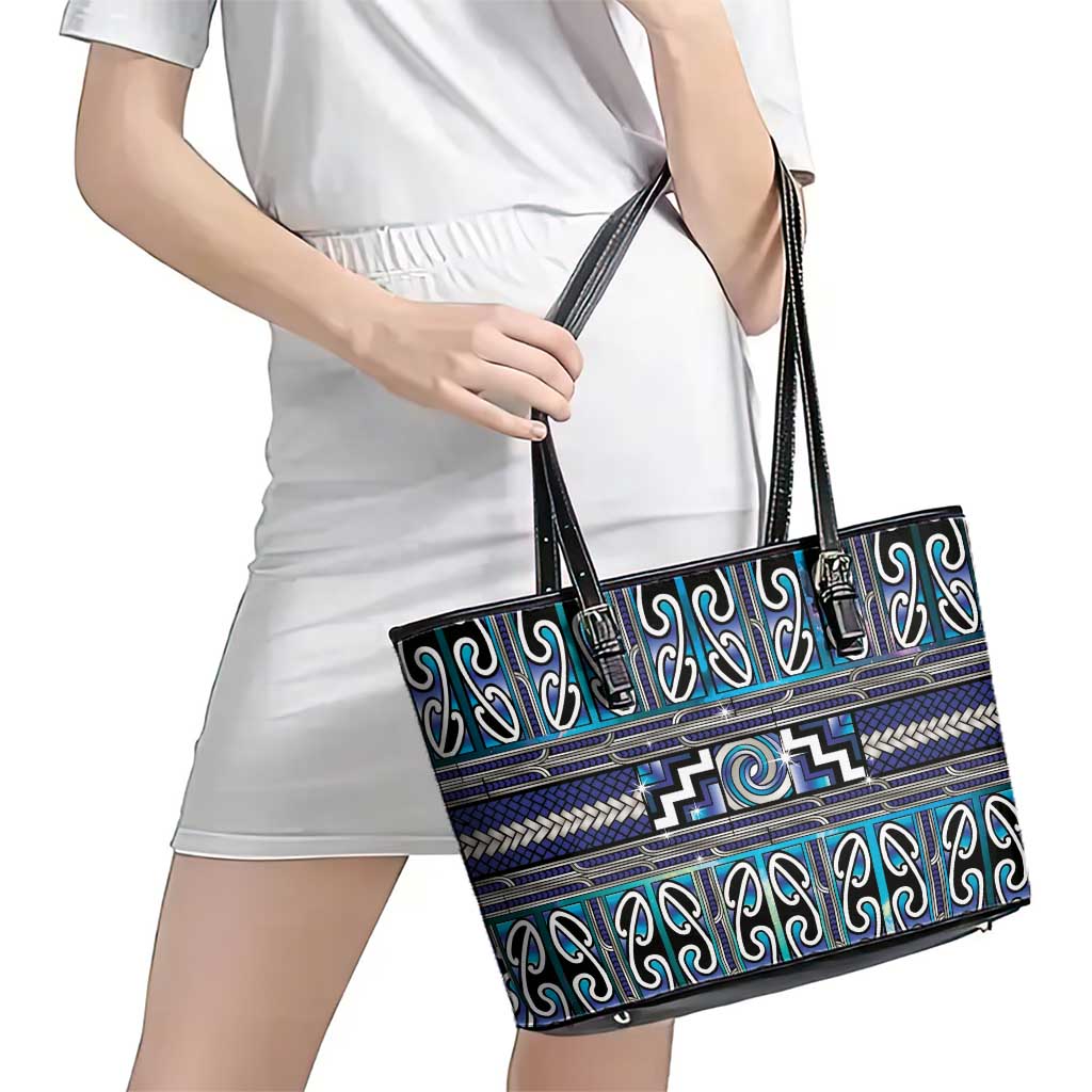 Maori Matariki Leather Tote Bag Blue Galaxy Aesthetic Koru Art