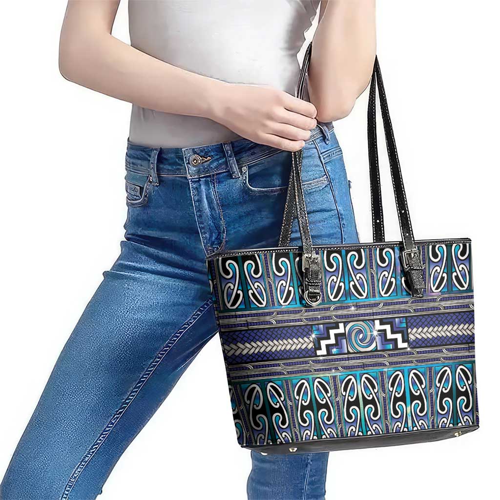 Maori Matariki Leather Tote Bag Blue Galaxy Aesthetic Koru Art