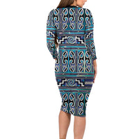 Maori Matariki Long Sleeve Bodycon Dress Blue Galaxy Aesthetic Koru Art