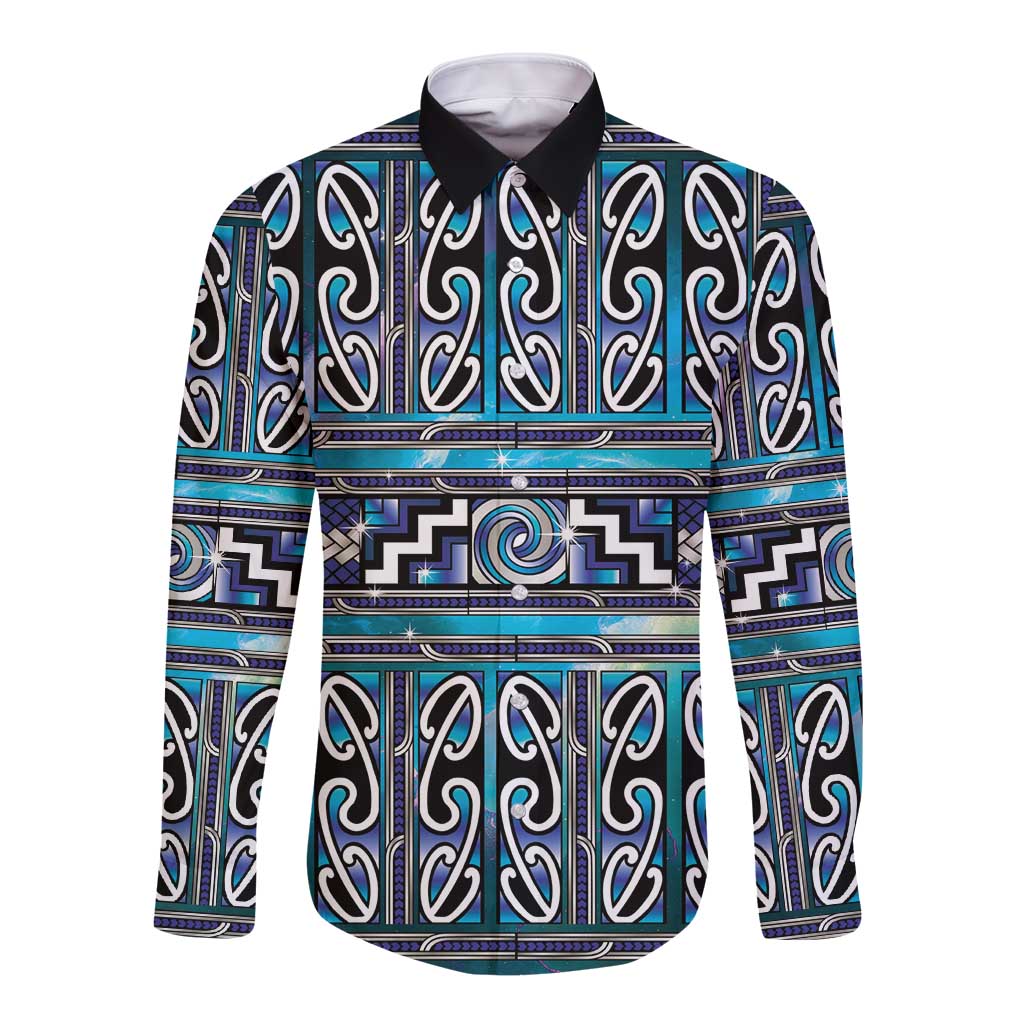 Maori Matariki Long Sleeve Button Shirt Blue Galaxy Aesthetic Koru Art
