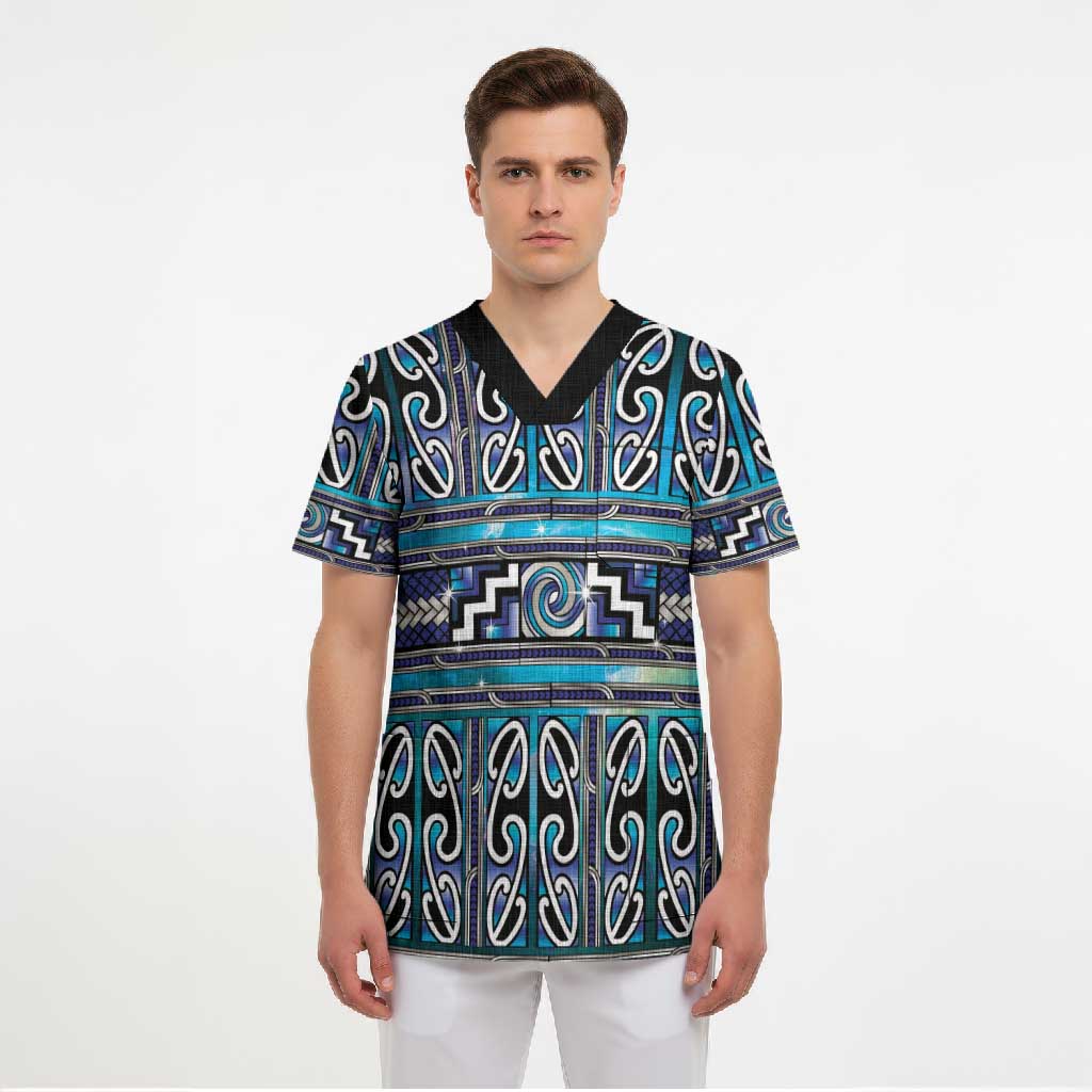 Maori Matariki Scrub Top Blue Galaxy Aesthetic Koru Art
