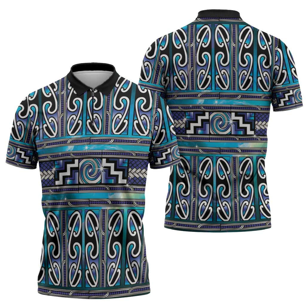 Maori Matariki Zipper Polo Shirt Blue Galaxy Aesthetic Koru Art