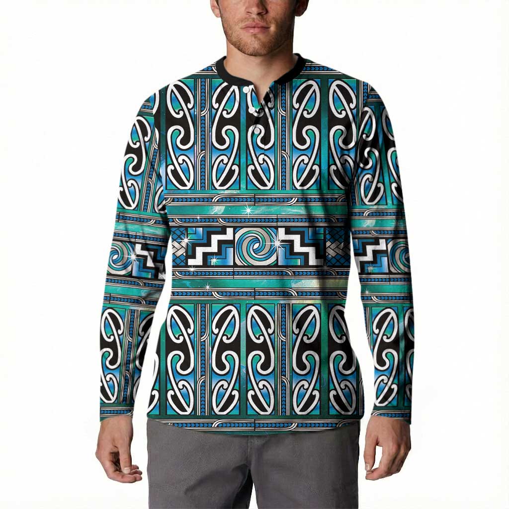 Maori Matariki Button Sweatshirt Green Galaxy Aesthetic Koru Art