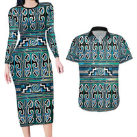 Maori Matariki Couples Matching Long Sleeve Bodycon Dress and Hawaiian Shirt Green Galaxy Aesthetic Koru Art LT01 Green - Polynesian Pride