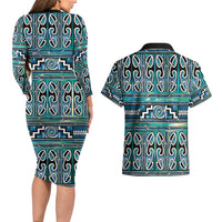 Maori Matariki Couples Matching Long Sleeve Bodycon Dress and Hawaiian Shirt Green Galaxy Aesthetic Koru Art LT01 - Polynesian Pride
