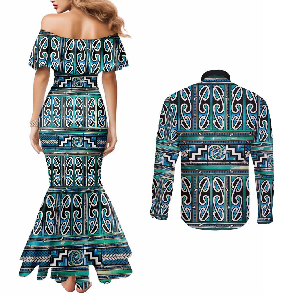 Maori Matariki Couples Matching Mermaid Dress and Long Sleeve Button Shirt Green Galaxy Aesthetic Koru Art LT01 - Polynesian Pride