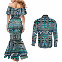 Maori Matariki Couples Matching Mermaid Dress and Long Sleeve Button Shirt Green Galaxy Aesthetic Koru Art LT01 - Polynesian Pride