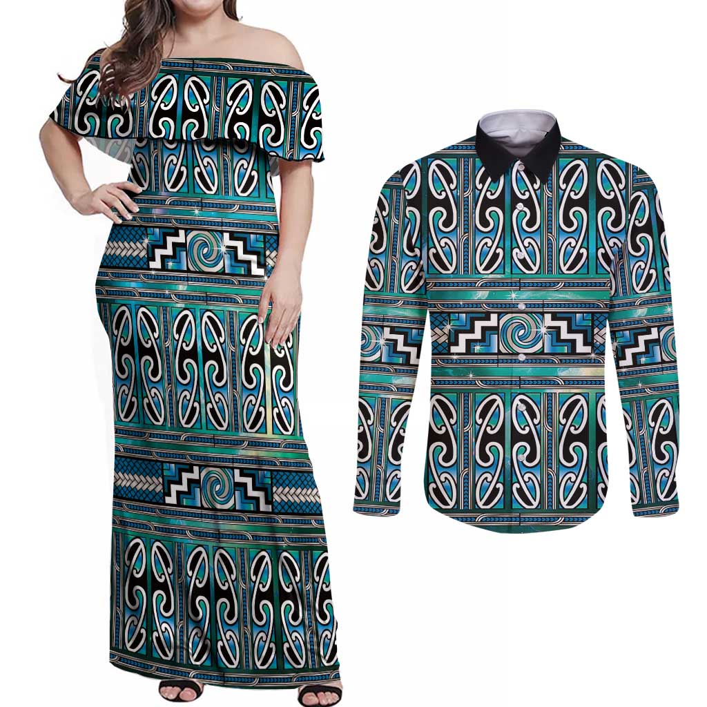Maori Matariki Couples Matching Off Shoulder Maxi Dress and Long Sleeve Button Shirt Green Galaxy Aesthetic Koru Art LT01 Green - Polynesian Pride