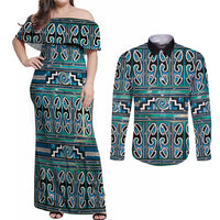 Maori Matariki Couples Matching Off Shoulder Maxi Dress and Long Sleeve Button Shirt Green Galaxy Aesthetic Koru Art LT01 Green - Polynesian Pride