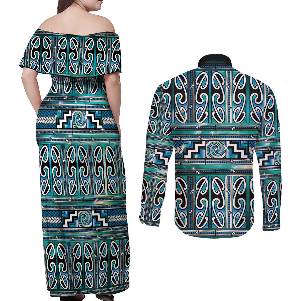 Maori Matariki Couples Matching Off Shoulder Maxi Dress and Long Sleeve Button Shirt Green Galaxy Aesthetic Koru Art LT01 - Polynesian Pride