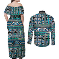 Maori Matariki Couples Matching Off Shoulder Maxi Dress and Long Sleeve Button Shirt Green Galaxy Aesthetic Koru Art LT01 - Polynesian Pride