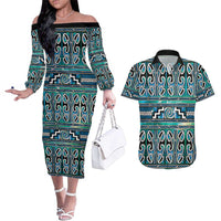 Maori Matariki Couples Matching Off The Shoulder Long Sleeve Dress and Hawaiian Shirt Green Galaxy Aesthetic Koru Art LT01 Green - Polynesian Pride