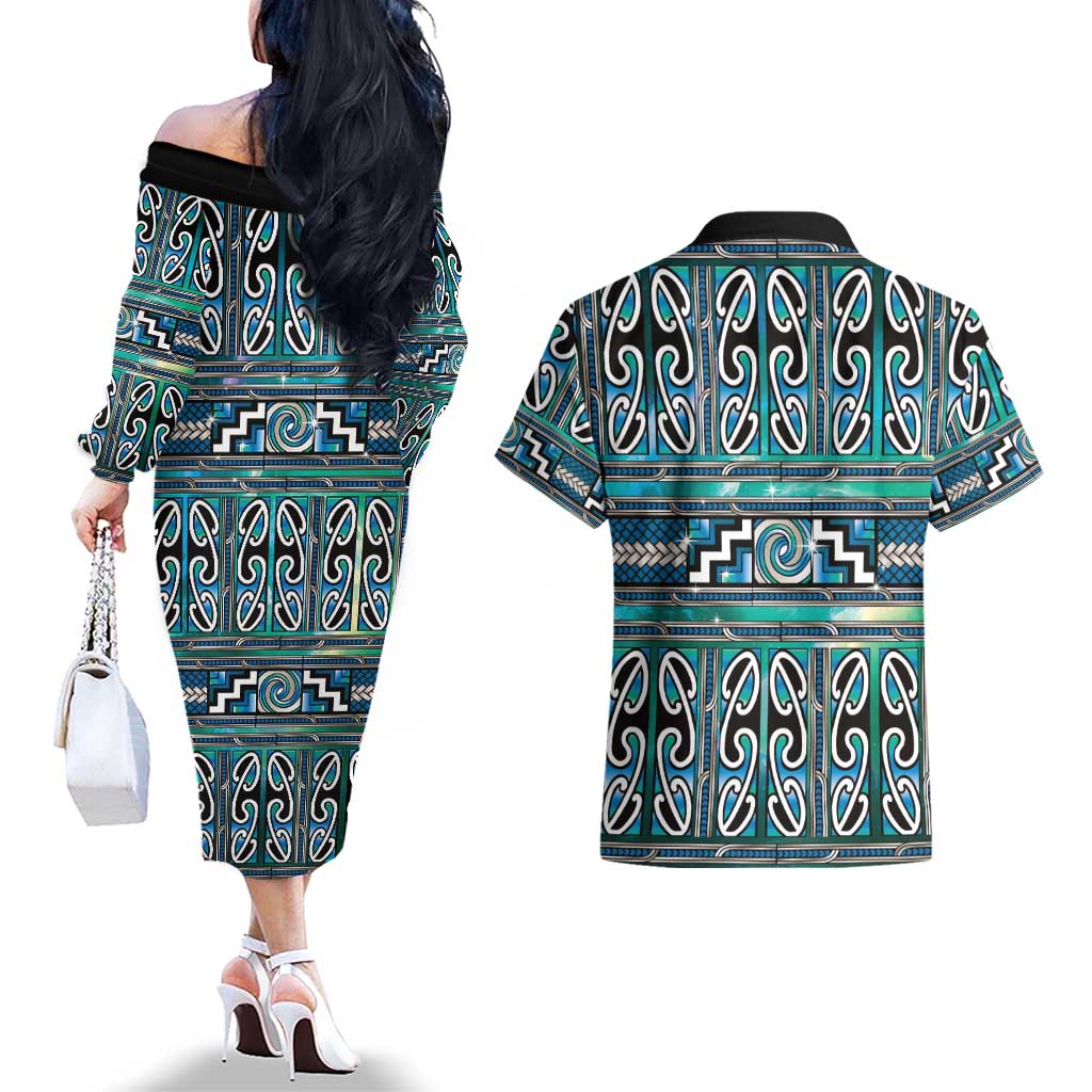 Maori Matariki Couples Matching Off The Shoulder Long Sleeve Dress and Hawaiian Shirt Green Galaxy Aesthetic Koru Art LT01 - Polynesian Pride