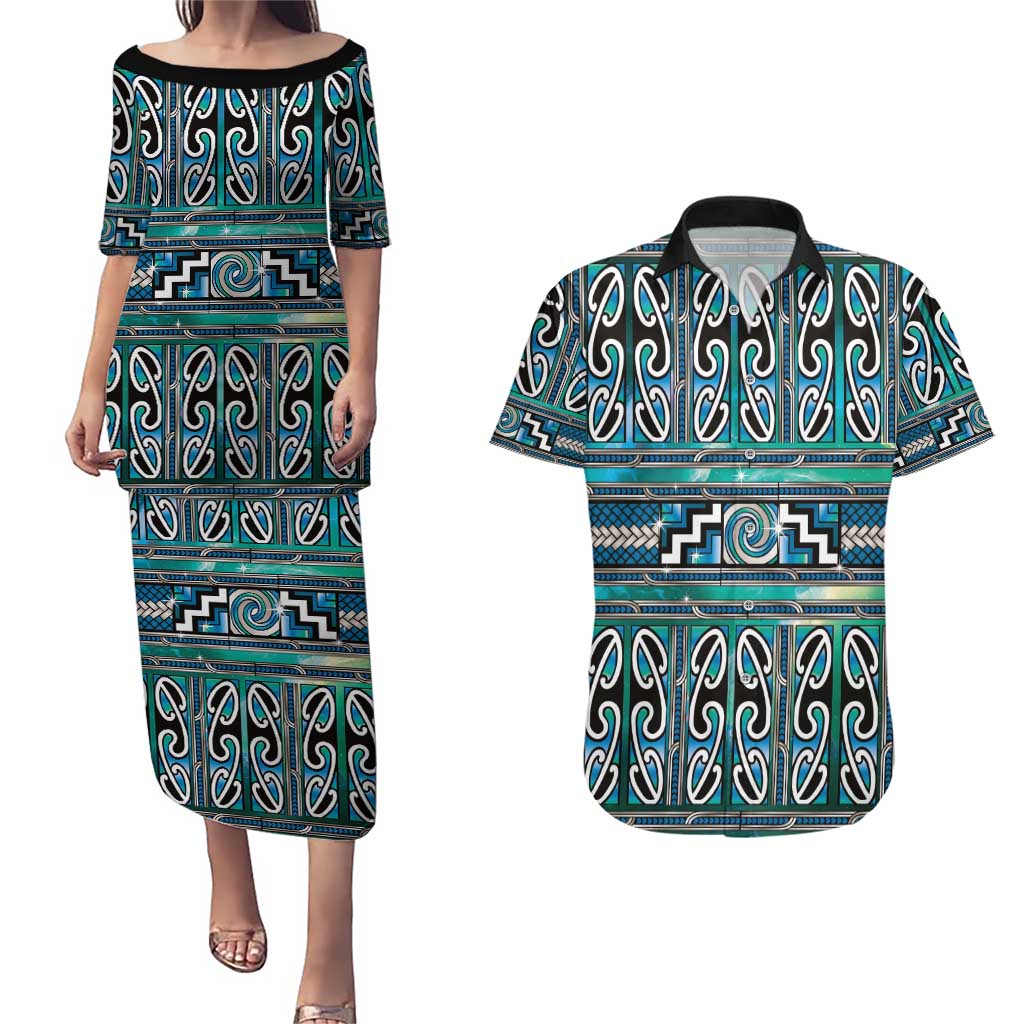 Maori Matariki Couples Matching Puletasi and Hawaiian Shirt Green Galaxy Aesthetic Koru Art LT01 Green - Polynesian Pride