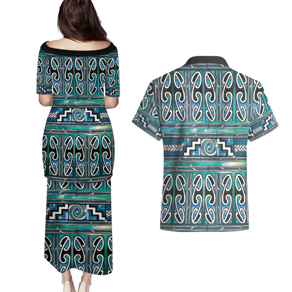 Maori Matariki Couples Matching Puletasi and Hawaiian Shirt Green Galaxy Aesthetic Koru Art LT01 - Polynesian Pride