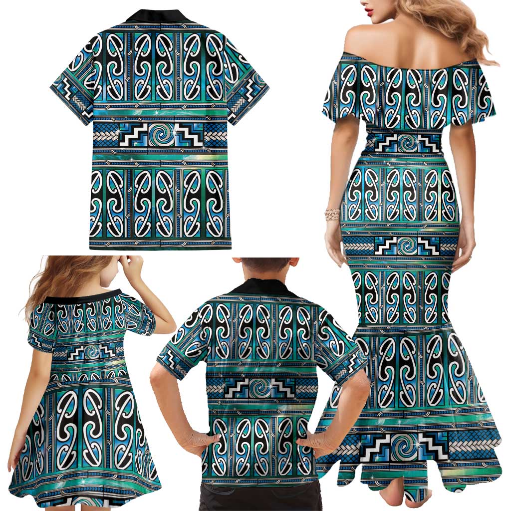 Maori Matariki Family Matching Mermaid Dress and Hawaiian Shirt Green Galaxy Aesthetic Koru Art LT01 - Polynesian Pride