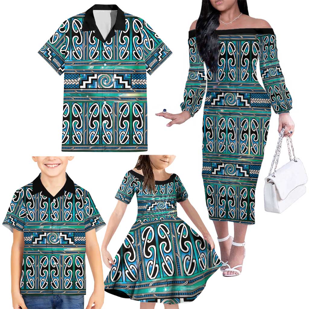 Maori Matariki Family Matching Off The Shoulder Long Sleeve Dress and Hawaiian Shirt Green Galaxy Aesthetic Koru Art LT01 - Polynesian Pride