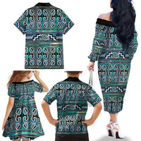 Maori Matariki Family Matching Off The Shoulder Long Sleeve Dress and Hawaiian Shirt Green Galaxy Aesthetic Koru Art LT01 - Polynesian Pride