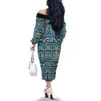 Maori Matariki Family Matching Off The Shoulder Long Sleeve Dress and Hawaiian Shirt Green Galaxy Aesthetic Koru Art LT01 - Polynesian Pride