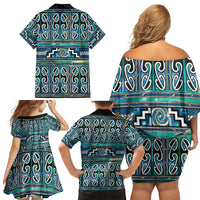 Maori Matariki Family Matching Off Shoulder Short Dress and Hawaiian Shirt Green Galaxy Aesthetic Koru Art LT01 - Polynesian Pride