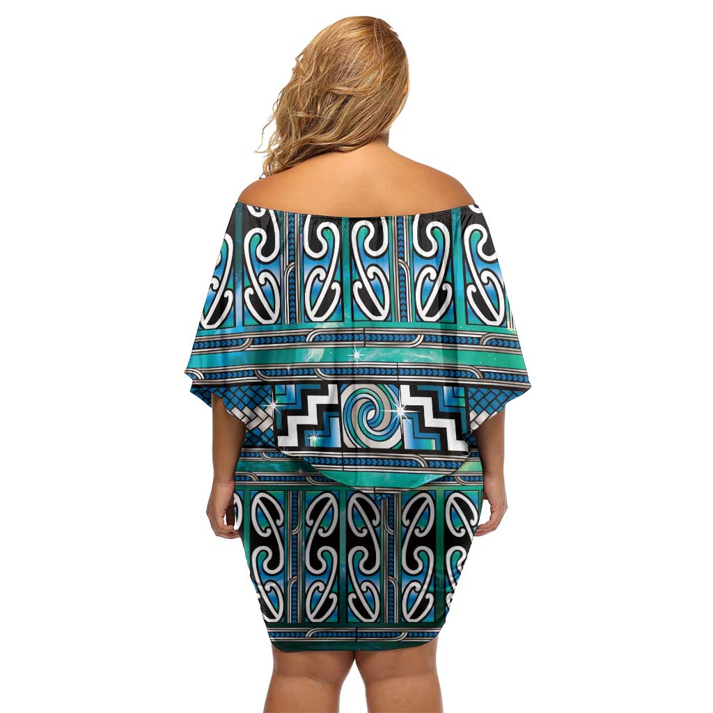 Maori Matariki Family Matching Off Shoulder Short Dress and Hawaiian Shirt Green Galaxy Aesthetic Koru Art LT01 - Polynesian Pride