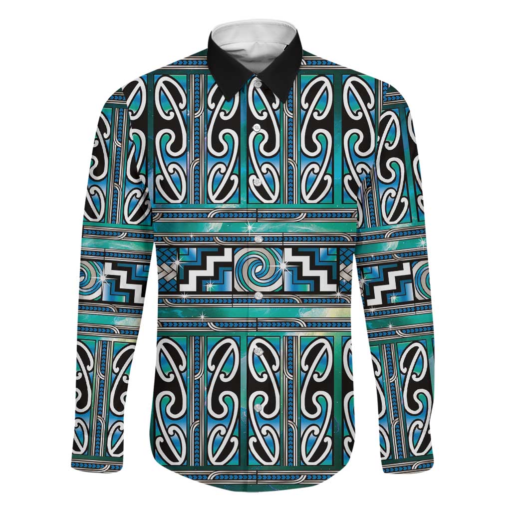 Maori Matariki Family Matching Short Sleeve Bodycon Dress and Hawaiian Shirt Green Galaxy Aesthetic Koru Art LT01 Dad's Shirt - Long Sleeve Green - Polynesian Pride