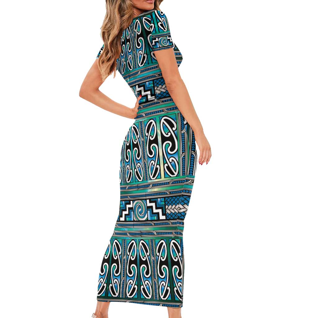 Maori Matariki Family Matching Short Sleeve Bodycon Dress and Hawaiian Shirt Green Galaxy Aesthetic Koru Art LT01 - Polynesian Pride