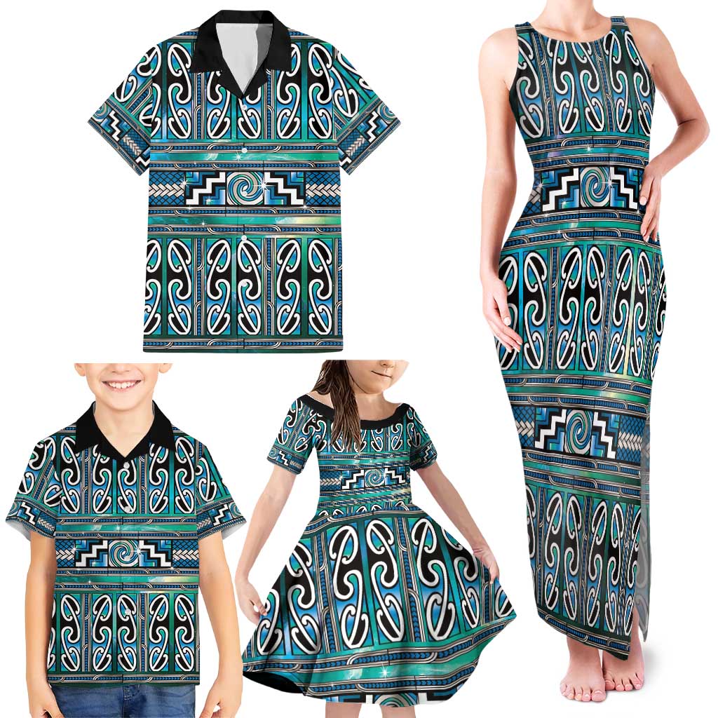 Maori Matariki Family Matching Tank Maxi Dress and Hawaiian Shirt Green Galaxy Aesthetic Koru Art LT01 - Polynesian Pride
