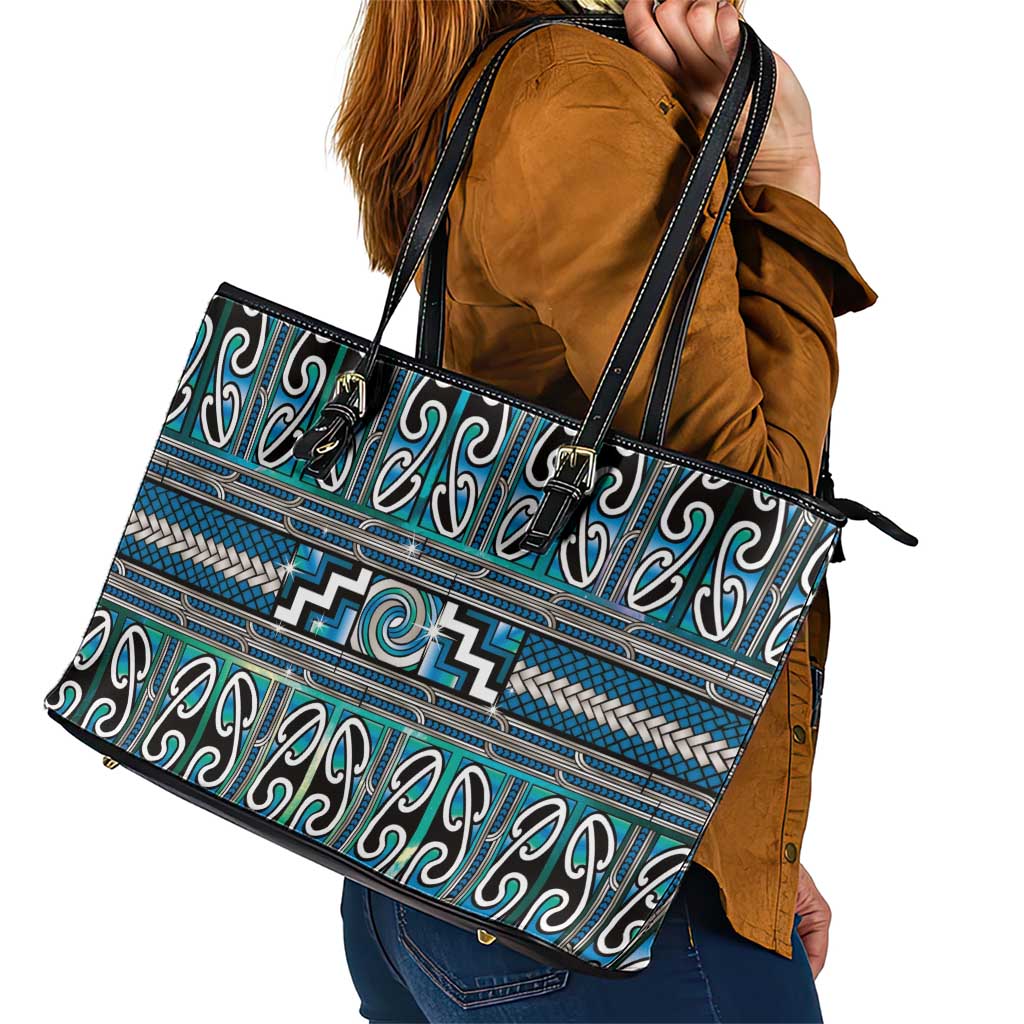 Maori Matariki Leather Tote Bag Green Galaxy Aesthetic Koru Art