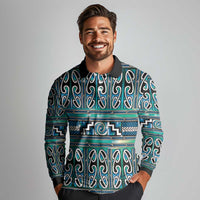Maori Matariki Long Sleeve Polo Shirt Green Galaxy Aesthetic Koru Art