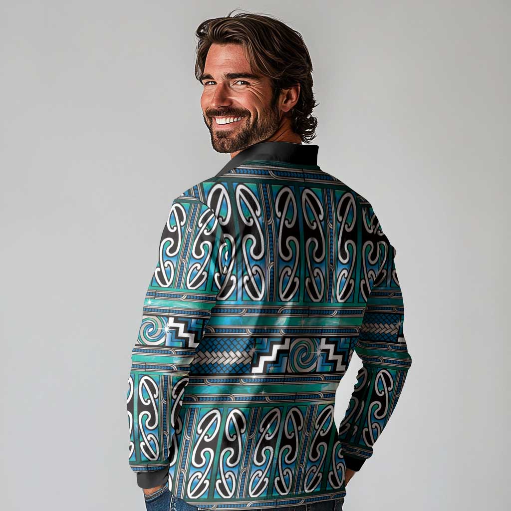 Maori Matariki Long Sleeve Polo Shirt Green Galaxy Aesthetic Koru Art
