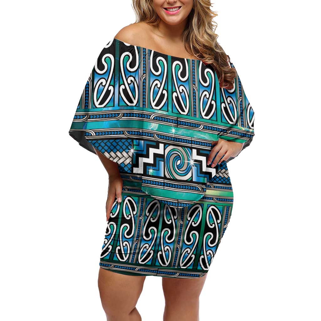Maori Matariki Off Shoulder Short Dress Green Galaxy Aesthetic Koru Art