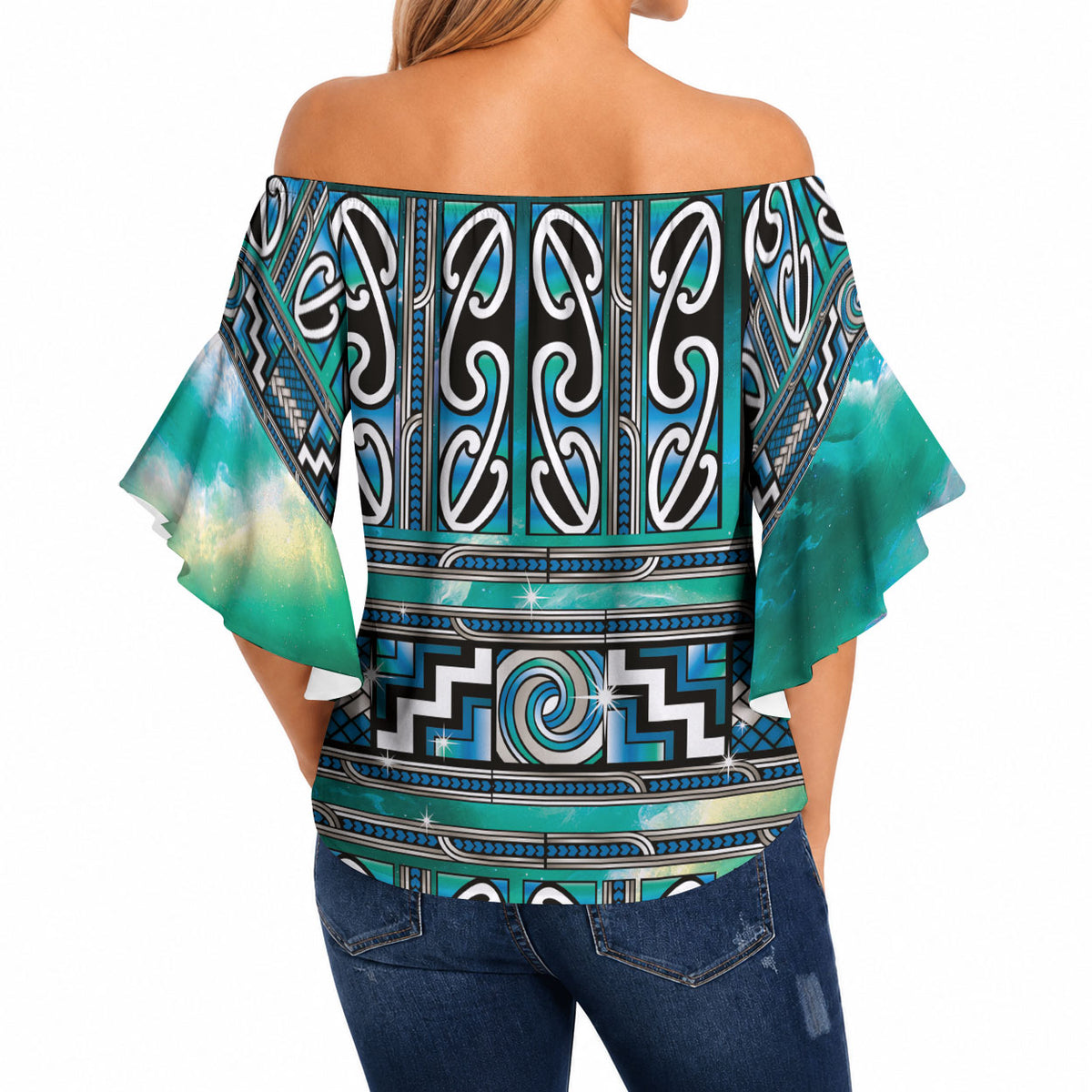 Maori Matariki Off Shoulder Wrap Waist Top Green Galaxy Aesthetic Koru Art LT01 - Polynesian Pride