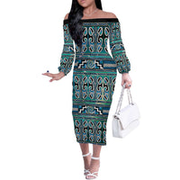 Maori Matariki Off The Shoulder Long Sleeve Dress Green Galaxy Aesthetic Koru Art