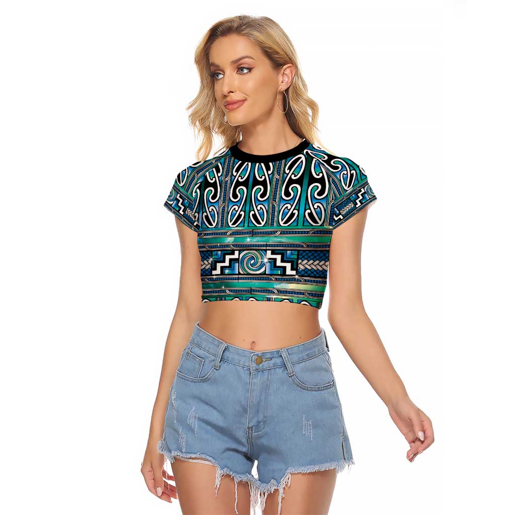 Maori Matariki Raglan Cropped T Shirt Green Galaxy Aesthetic Koru Art