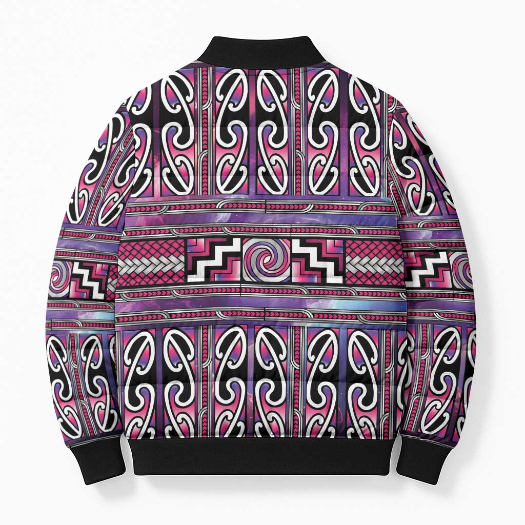 Maori Matariki Bomber Puffer Jacket Pink Galaxy Aesthetic Koru Art