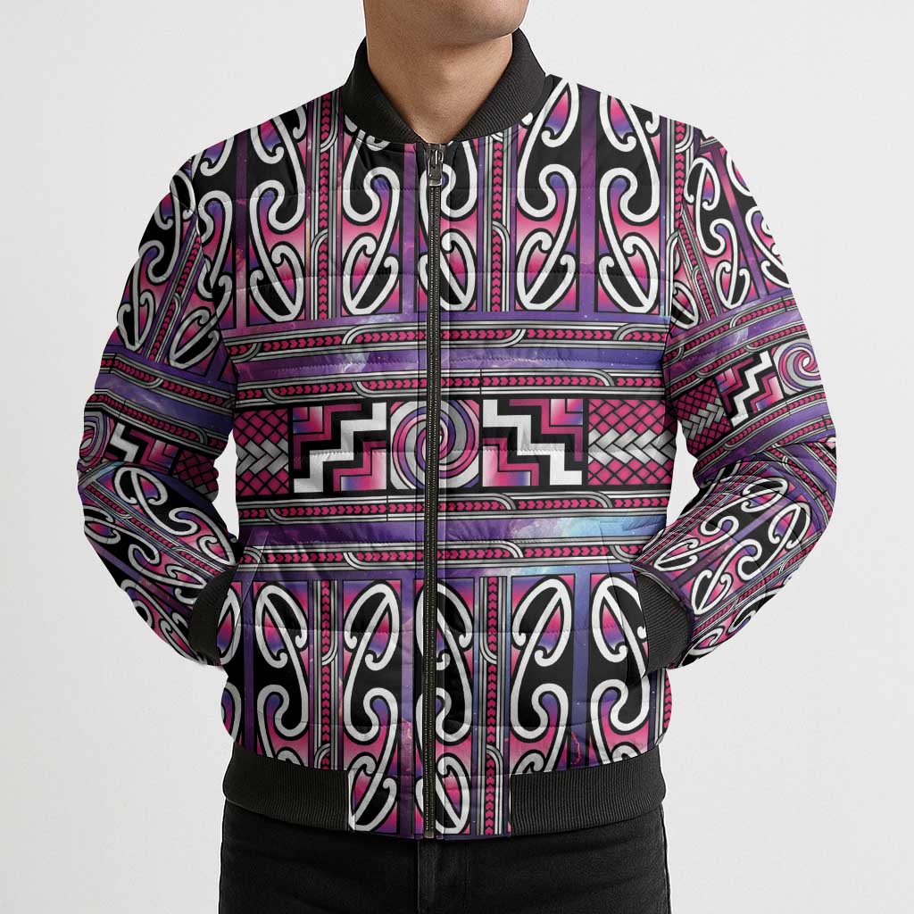 Maori Matariki Bomber Puffer Jacket Pink Galaxy Aesthetic Koru Art