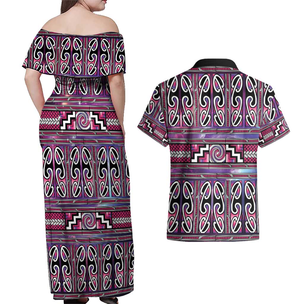 Maori Matariki Couples Matching Off Shoulder Maxi Dress and Hawaiian Shirt Pink Galaxy Aesthetic Koru Art