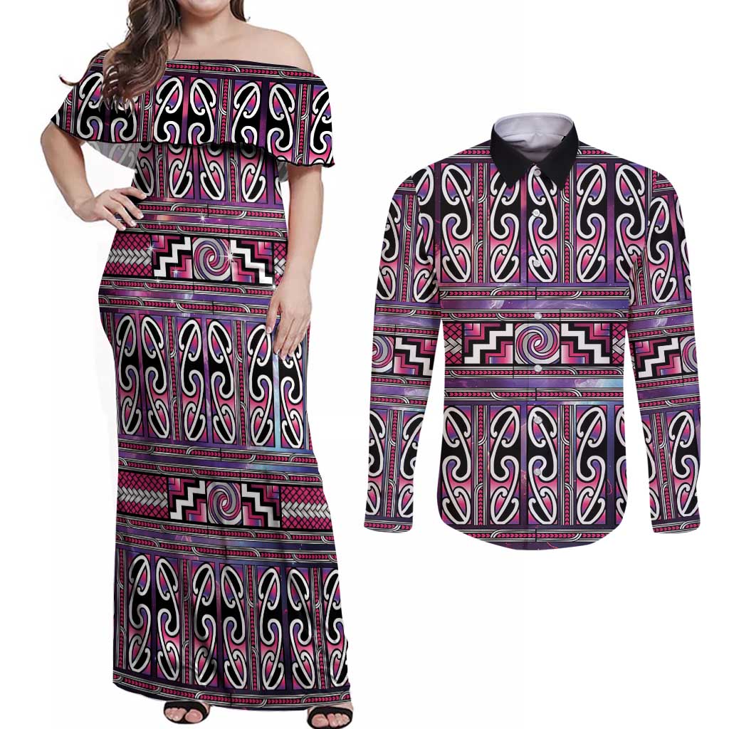 Maori Matariki Couples Matching Off Shoulder Maxi Dress and Long Sleeve Button Shirt Pink Galaxy Aesthetic Koru Art