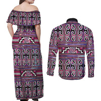Maori Matariki Couples Matching Off Shoulder Maxi Dress and Long Sleeve Button Shirt Pink Galaxy Aesthetic Koru Art