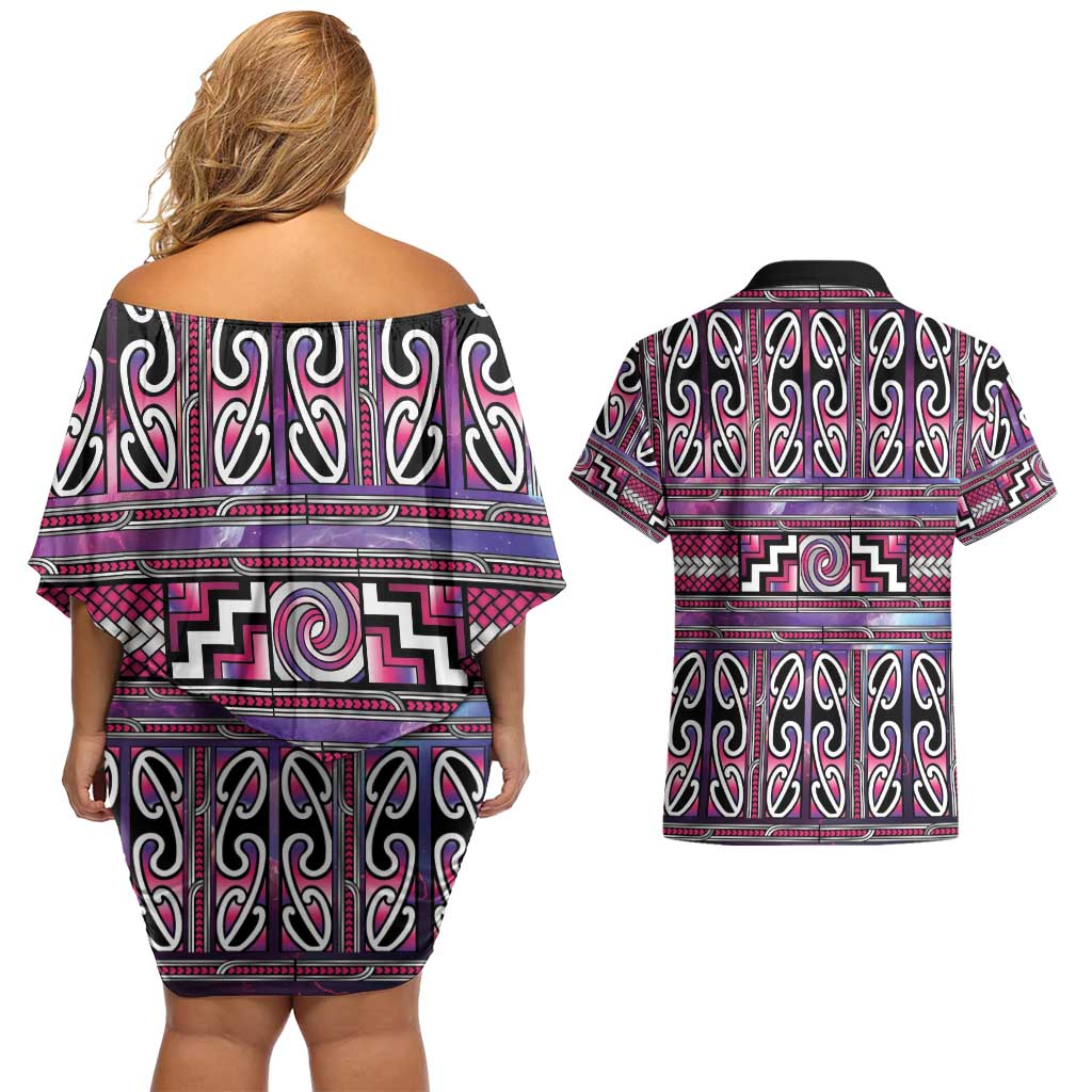Maori Matariki Couples Matching Off Shoulder Short Dress and Hawaiian Shirt Pink Galaxy Aesthetic Koru Art