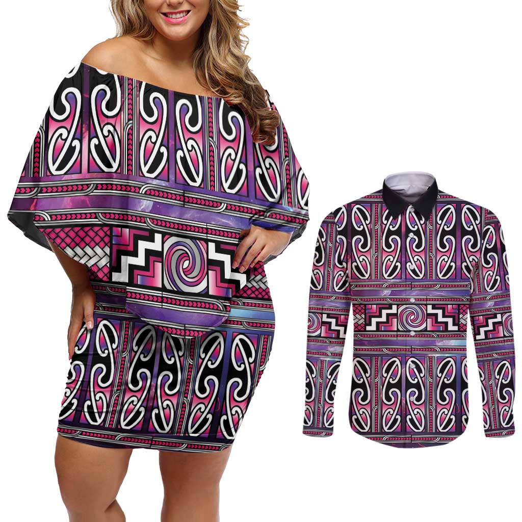 Maori Matariki Couples Matching Off Shoulder Short Dress and Long Sleeve Button Shirt Pink Galaxy Aesthetic Koru Art LT01 Pink - Polynesian Pride