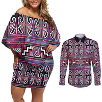 Maori Matariki Couples Matching Off Shoulder Short Dress and Long Sleeve Button Shirt Pink Galaxy Aesthetic Koru Art LT01 Pink - Polynesian Pride