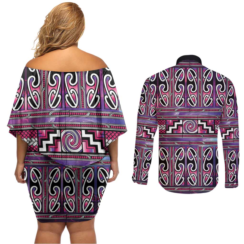 Maori Matariki Couples Matching Off Shoulder Short Dress and Long Sleeve Button Shirt Pink Galaxy Aesthetic Koru Art LT01 - Polynesian Pride