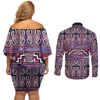 Maori Matariki Couples Matching Off Shoulder Short Dress and Long Sleeve Button Shirt Pink Galaxy Aesthetic Koru Art LT01 - Polynesian Pride