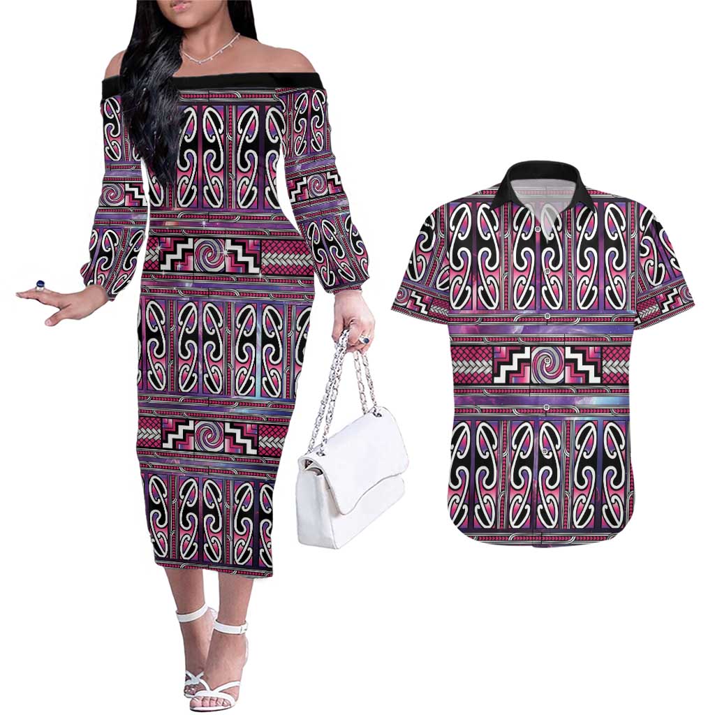 Maori Matariki Couples Matching Off The Shoulder Long Sleeve Dress and Hawaiian Shirt Pink Galaxy Aesthetic Koru Art