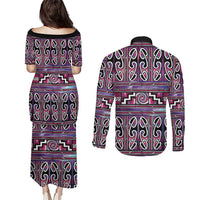 Maori Matariki Couples Matching Puletasi and Long Sleeve Button Shirt Pink Galaxy Aesthetic Koru Art