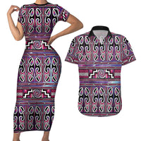 Maori Matariki Couples Matching Short Sleeve Bodycon Dress and Hawaiian Shirt Pink Galaxy Aesthetic Koru Art