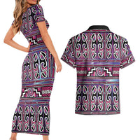 Maori Matariki Couples Matching Short Sleeve Bodycon Dress and Hawaiian Shirt Pink Galaxy Aesthetic Koru Art