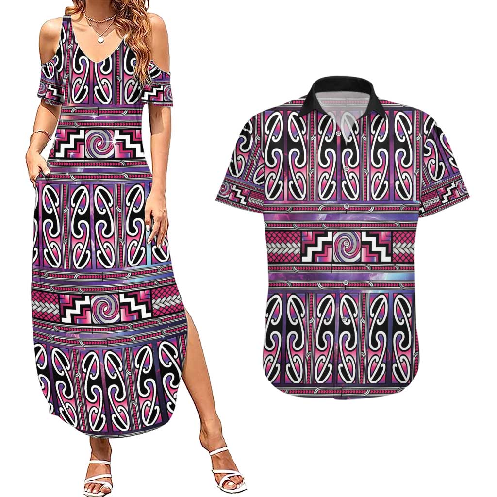 Maori Matariki Couples Matching Summer Maxi Dress and Hawaiian Shirt Pink Galaxy Aesthetic Koru Art LT01 Pink - Polynesian Pride